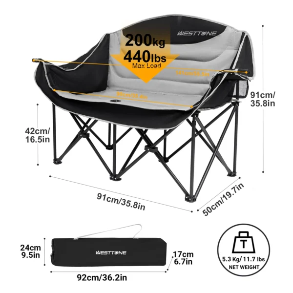 WESTTUNE Oversized Outdoor Couch Double Camping Chair Heavy Duty Outdoor Garden Folding Chair with Cup Holder Support 440 lbs - Image 2