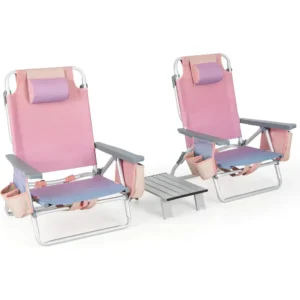 Backpack Beach Chairs, 3 Pcs Portable Camping Chairs with Folding Side Table, Cool Bag and Cup Holder, 5-Position Outdoor