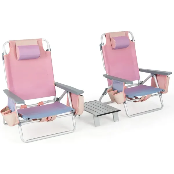 Backpack Beach Chairs, 3 Pcs Portable Camping Chairs with Folding Side Table, Cool Bag and Cup Holder, 5-Position Outdoor